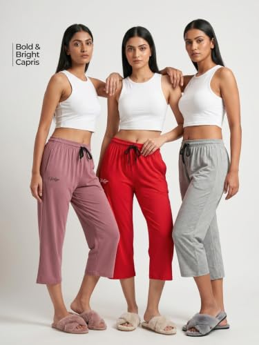 Image of Fflirtygo Women's Cotton Plain Calf Length Capri | Nightwear Pajama | 3 /4th Solid Pyjama Pant | Black Navy and Lavender Lounge Pants | Casual wear & Lounge Wear Capri Combo (Pack of 3)