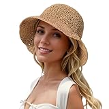Womens Straw Beach Sun Hats, Foldable Packable Floppy Handmade Crochet Hats for Women,Summer Vacation Bucket Hat, Khaki