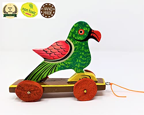 Image of A&A Kreative Box Wooden Pull Along Toy Encourage Walking, Build Gross Motor Skills and Hand-Eye Coordination Handcrafted by Indian Artisans for Kids Toddlers (Potloo Parrot)