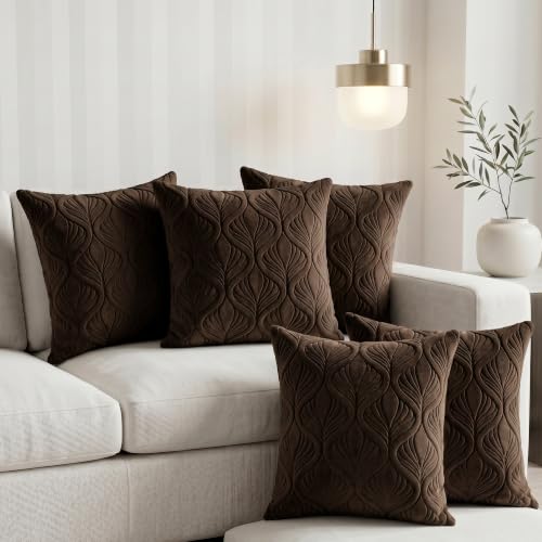 Image of Yellow Weaves Jacquard Cushion Covers | Sofa Cushion Covers | Throw Pillow Cover for Sofa, Couch, Living Room| Removable & Washable | 16x16 Inches, Set of 5 (Coffee Brown)