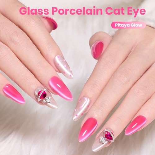 Image of Beetles Hot Pink Cat Eye Gel Nail Polish - Pitaya Glow 15ML Full Size Glitter Pink Cat Eye Summer Gel Polish Magnetic Shimmer Effect Soak Off UV Nail Art Design Salon DIY Manicure Gift for Women