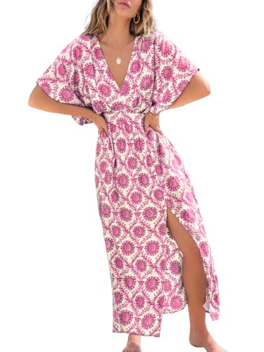 Image of CUPSHE Women's Summer Boho Maxi Dress Paisley Floral V Neck Smocked Dress Beach Vacation Slit Hem Flowy Dress with Pockets