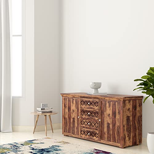 Image of SHIKHA WOOD CRAFT Solid Sheesham Wood Sideboard Cabinet with 2 Doors & 4 Drawers Storage | Wooden Kitchen Cabinet, Crockery Unit, Dining Room Organizer, Living Room Storage Furniture (Natural Finish)