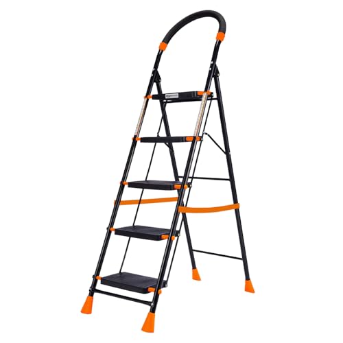 Image of Amazon Basics Curvo-Foldable Step Ladder, Ribbed Steps, Knee Guard, Non-Marring PVC Shoes, 5 Steps (Black & Orange)