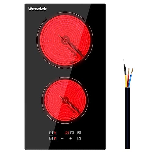 12 Inch Electric Ceramic Cooktop with Plug, Built-in Electric Stove Top, 2 Burners Electric Stove 110-120V, Child Safety lock, Sensor Touch Control, 9 Heating Levels Cooker (PLUG IN)