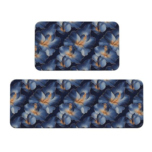 GVYGVY Antifatigue Kitchen Mats for Floor 2 Piece - Navy Floral Print Kitchen Rugs Washable, Non Slip Runner Rug Standing Mat for Office/Bathroom/Laundry/Home Decor and Accessories