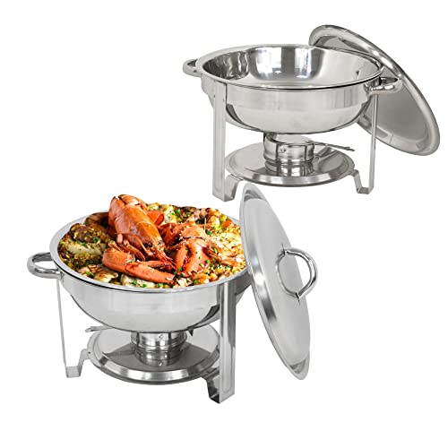 F2C 2 Pack of Stainless Steel Round Chafing Dish Buffet Set Chafer Warmer Set with Trays Pan Lid Folding Frame Stand for Kitchen Party Banquet Dining,5 Quart Full Size