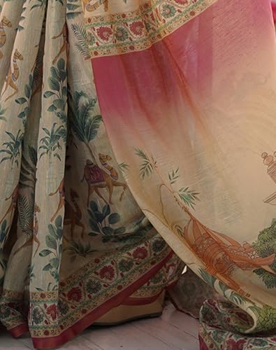 Image of SIRIL Women's Cotton Linen Kalamkari Printed Handloom Saree with Unstitched Blouse Piece