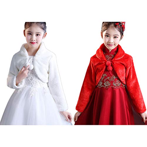 Kids Princess Thicken Plush Wrap Shawl Flower Girls Long Sleeve Capelet Shrug C Red2