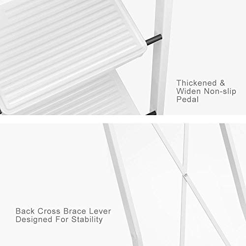 Delxo 3 Step Ladder Folding Step Stool Ladder with Handgrip Anti-Slip Sturdy and Wide Pedal Multi-Use for Household and Office Portable Step Stool Steel 300lbs White (3 feet)