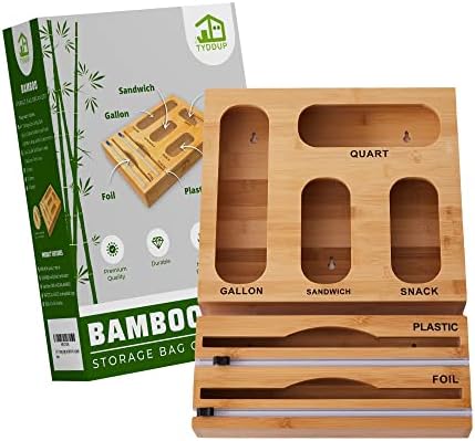 TYDDUP - 6 in 1 Ziplock Bag Organizer with Alum. Foil/Plastic Wrap Dispenser with Cutter & Labels for Kitchen Drawer |Bamboo Kitchen Organization |Compatible Gallons,Quarts,Snack,and Sandwich Bags.