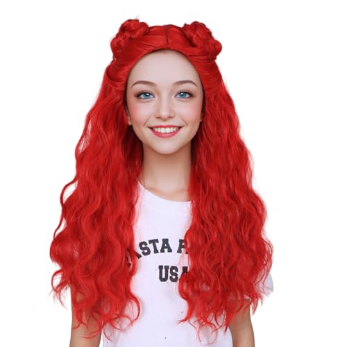 Photo 1 of ColorGround 24 Inch Long Wavy Red Heat Resistant Synthetic Wig with Braided Buns for Cosplay(Small Size)