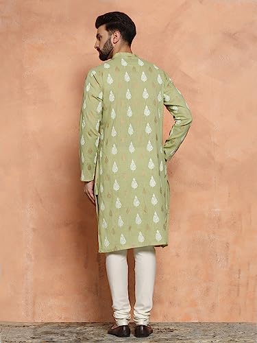Image of KISAH Men Green and White Kurta, Cotton, Full Sleaves, Knee Length, Straight, Regular Fit, Mandarin Collar Ethnic wear