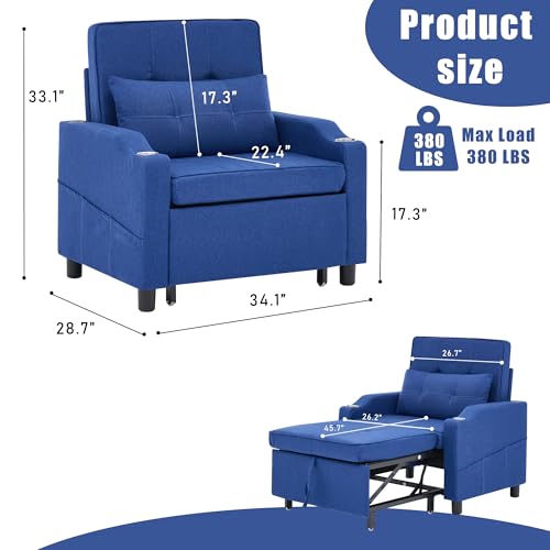 Image of Sleeper Chair 5-in-1 Convertible Chair Bed Pull Out Adjustable Single Armchair Sofa Bed with USB Ports,Side Pocket,Cup Holder (Blue)