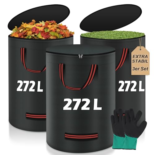 Miaglury 3X 272L Gartensack Laubsack Gartenabfallsack Stabil mit Deckel inkl. Handschuh - Groß & Reißfest & Wasserdicht Laubsäcke Gartensäcke für Gartenabfälle und Kommunen Gras Laub Hecke Schwarz