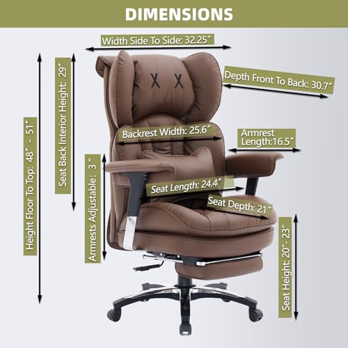 Efomao Big and Tall Office Chair with Footrest – High Back Computer Chair with Adjustable Armrests,Executive Office Chair with Wide Seat, Modern Desk Chair for Home Office, Gaming, or Study, Brown