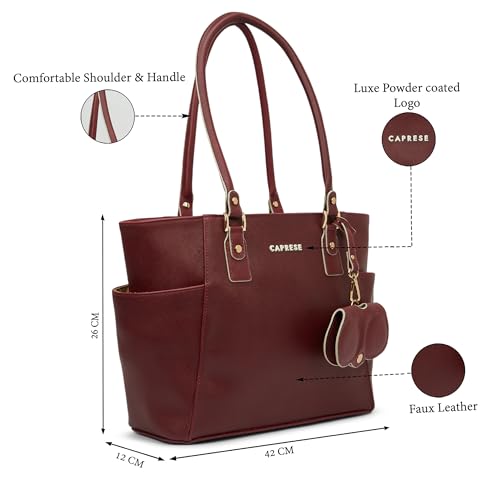Image of Caprese Lexi Medium Tote Bag for Women | Solid Faux Leather Shoulder Handbag with Zipper Closure | External Eyewear /Sunglass Charm Case | Stylish Bag for Office & Everyday Use