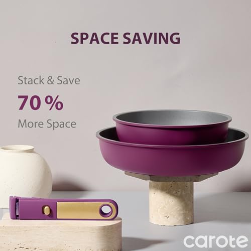 كاروت طقم مقالي سيراميك من 3 قطع، 8 انش و10 انش مع مقبض قابل للازالة، طهي صحي خالٍ من PFAS، قاعدة رش كاملة، مجموعة مقلاة متوافقة مع جميع الموقد، امنة للاستخدام في غسالة الصحون (ارجواني)