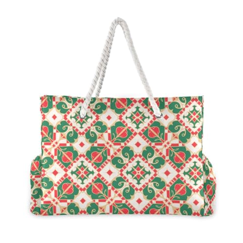Boho Red Green Pattern Large Capacity Tote Shoulder Bag with side pocketes Duffel Bag Women for beach&school&work2