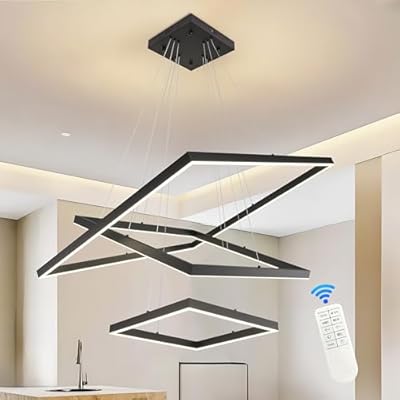 Mccokaige 3 Ring Black Modern Led Chandelier Dimmable Square Chandelier Modern Led Pendant Light Contemporary Light Fixtures Adjustable Ring Light for Kitchen Island Dining Living Room Entryway
