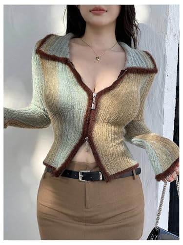 Image of SHENHE Women's Zip Up Cardigan Collared Long Sleeve Fitted Y2k Knit Crop Top Sweater Mint Green X-Large