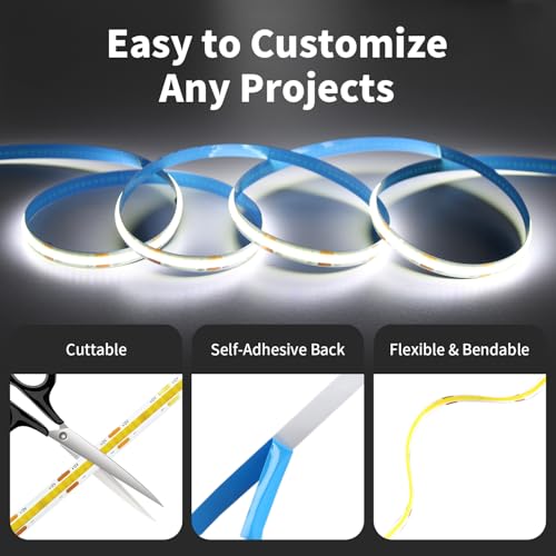 Image of 16.4FT /5M COB LED Strip Light, Cold White 6000K Cuttable LED Tape Lights, 8mm Width, CRI93+ Dimmable Flexible Light Strip for Bedroom Kitchen TV Backlight Cabinet Mirror Decor(with Plug)