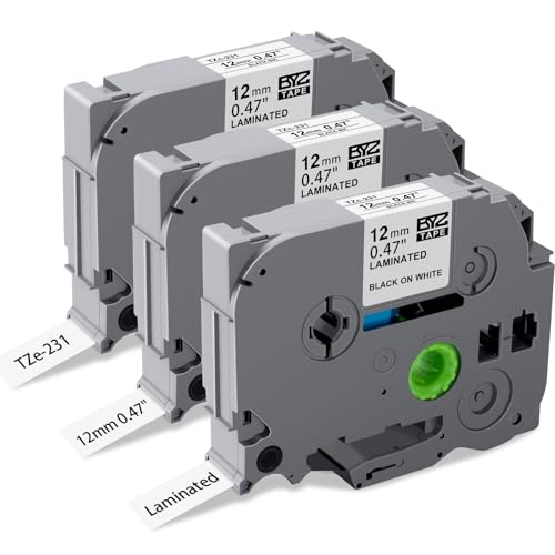 3-Pack Compatible with Brother P-Touch TZe-231 Label Tape, 12mm (0.47") for Brother Label Printer Laminated, Black on White Cassette for PT-E110 H110 H100R H101C H105 PT-1000 PT-H108 Label Maker