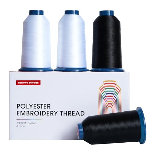 Image of Poolin Black and White Embroidery Thread Set - Richword Selected 4 Rolls, 40WT Polyester 4000M for Home & Commercial Embroidery Machines-2 Black, 2 White