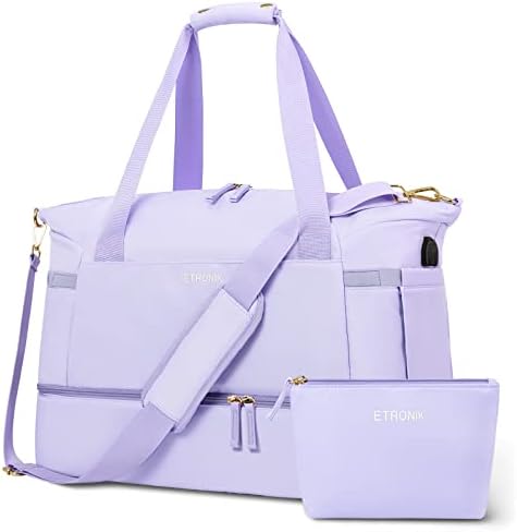 Gym Bag for Women, Sports Travel Duffel Bag with USB Charging Port, Weekender Overnight Bag with Wet Pocket and Shoes (Purple) Medium
