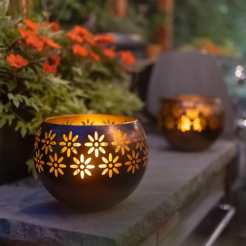 Solar Fire Bowl (1-Pack) Outdoor Waterproof Solar Lanterns - Metal Porch Lights with Flickering Flame for Tabletop Patio Garden & Landscape Decor (Bronze/Copper)