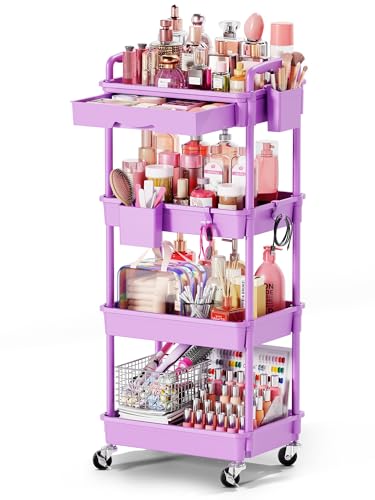 Image of Goovilla Rolling Makeup Organizer Cart with Removable Drawer, 4 Tier Stable Purple Floor Skincare Storage Cart for Vanity, Cosmetic Display, Nail Polish, Perfume, Hair Stuff, Beauty, Bathroom(Plastic)