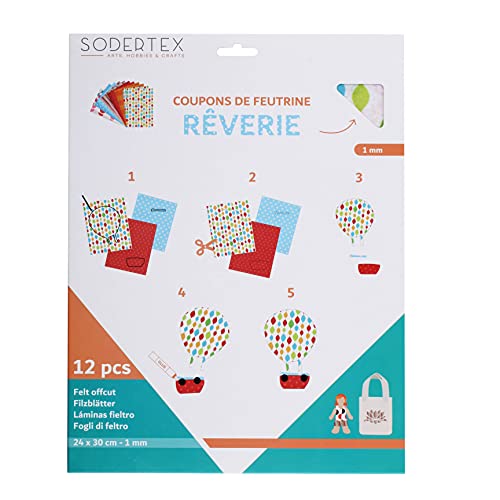 SODERTEX - Coupons Feutrine Imprimée Thème Douce Rêverie - 24x30cm - 12 Couleurs Assorties - L175013 - Loisir créatif