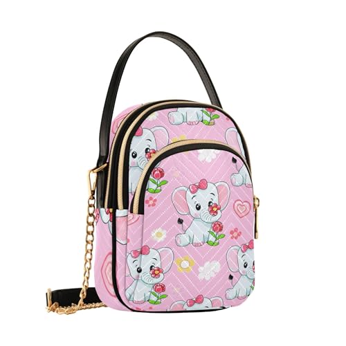 Women Single Shoulder Purse Quilted Chain Strap Cell Phone Handbag Chic Zipper Bowler Tote Ladies Satchel Cute Cartoon Elephants Pink2