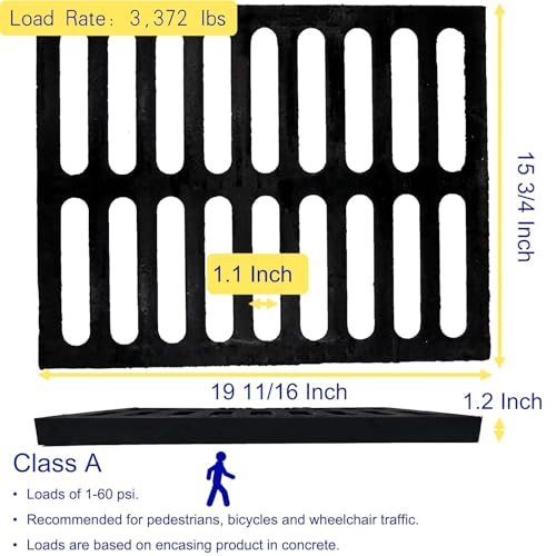 Image of Cast Iron Drain Grate, Driveway Channel Cover 20x16 in A-Class | Heavy-Duty Outdoor Trench Drainage, Black Rectangle Metal Sewer Cover for Garage, Yard, True 19.7x15.7