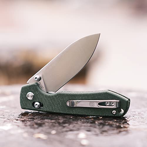 Image of Vosteed Raccoon EDC Folding Pocket Knife - 3.25 inch 14C28N Satin Blade, Crossbar Lock - Green Micarta Handle for Hiking, Hunting - A0503