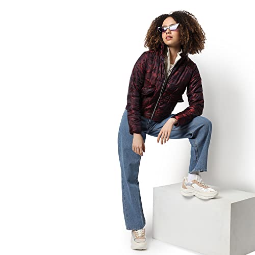 Image of Campus Sutra Women Red Camouflage Puffer Regular Fit Bomber Jacket For Winter Wear | Collared Neck | Full Sleeve | Zipper | Casual Jacket For Woman & Girl | Western Stylish Jacket For Women