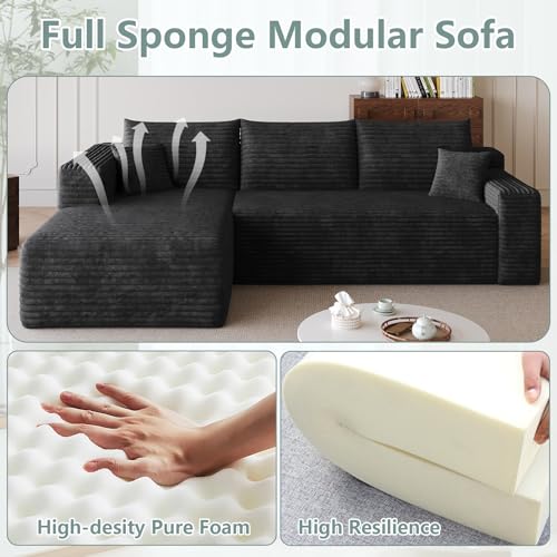 Image of 95 inch Modular Sectional Sofa, Modern Corduroy Cloud Couch with Side Pockets, Boneless Couch Upholstered 3-Seater L-Shaped Sofa for Living Room, No Assembly Required (Black,Left-Facing Chaise)