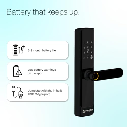 Image of Mygate Smart Door Lock SE with 6 Unlock Methods | Fingerprint, OTP, PIN, RFID Card, Key & Mobile App Access | Unauthorized Freeze & Pin Decoy | Remote Unlocking via OTP| 3-Year Warranty by Mygate