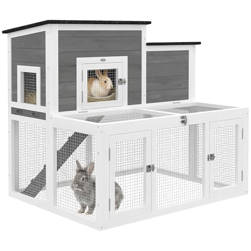 PawHut Clapier Lapin Extérieur en Bois, Double Toit Ouvrant Imperméable - Cage à Lapin Intérieur 2 Niveaux avec Enclos, Plateau Profond Antifuite et Rampe - Abri...