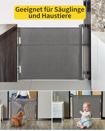 Retraktierbares Sicherheitsgitter für Babys & Haustiere – Extra Breit & Hoch, 0-140CM Türschutzgitter für Treppen, Türen, Innen- & Außenbereich, Einfache Einhand-Bedienung, Grau