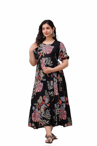 Image of Women's Rayon Anarkali Maternity Ankle Length Dress, Pregnancy Dress,Feeding Kurti,Easy Brest Feeding Dress, with Both Side 9 inch Zipper and Belt
