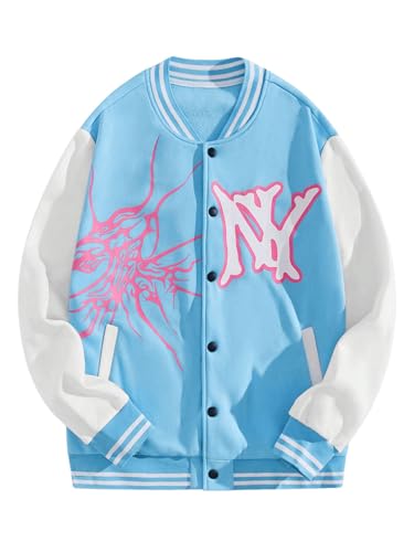 SOLY HUX Men's Letter Graphic Varsity Jacket Color Block Long Sleeve Streetwear Baseball Jacket