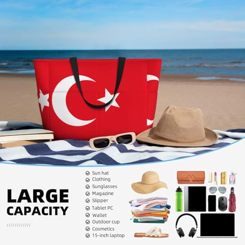 Flag Of Turkey Extra Large Tote Bag For Women,Foldable Beach Bag With Pocket Weekender Travel Overnight Bag 5