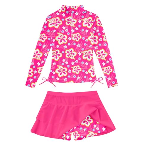 Image of Vogseek 3-12T Girls Rash Guard 2 Pieces Bathing Suit Long Sleeve Swimsuit Swimming Skirt with Shorts Swimwear