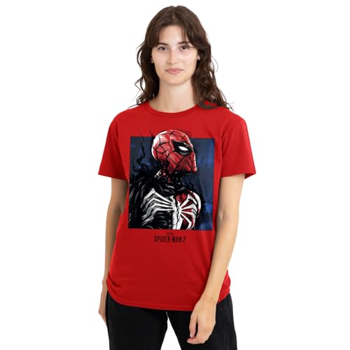 Spiderman 2 T-Shirt Femme Rouge Marvel Gamerverse Symbiote Parker pour Fan de Comics