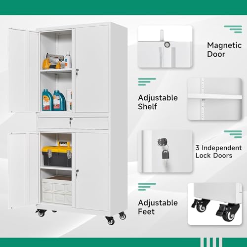 Image of Letaya Metal Garage Storage Cabinet with Wheels,72 inch Rolling Tool Cabinet with 4 Door Lock-Adjustable Shelves and Drawer for Garage Home Office Utility Room (White with Wheels)