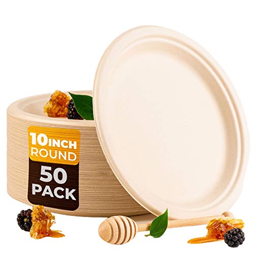BEELEEVE 50-Pack  10-Inch 100 Compostable Disposable Round Bagasse Paper Plates - Biodegradable Sugarcane Fibre - Strong Heavy Duty Rigid Design - Sustainable Food-Grade - Natural Brown Colour