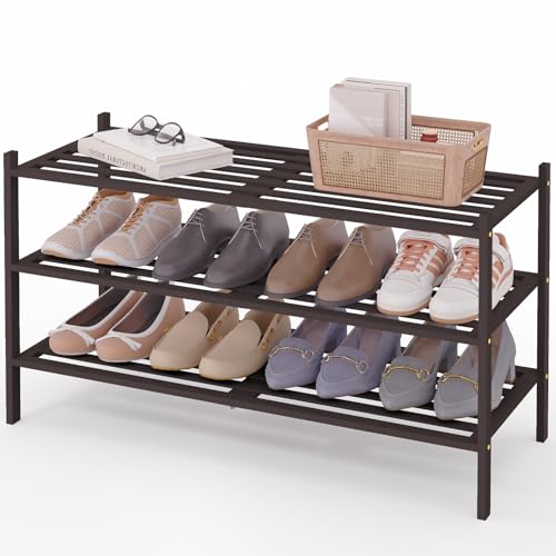 Image of Smiry Bamboo Shoe Rack, 5 Horizontal Slats, 3 Tier - 33.9 inch Wide, Brown