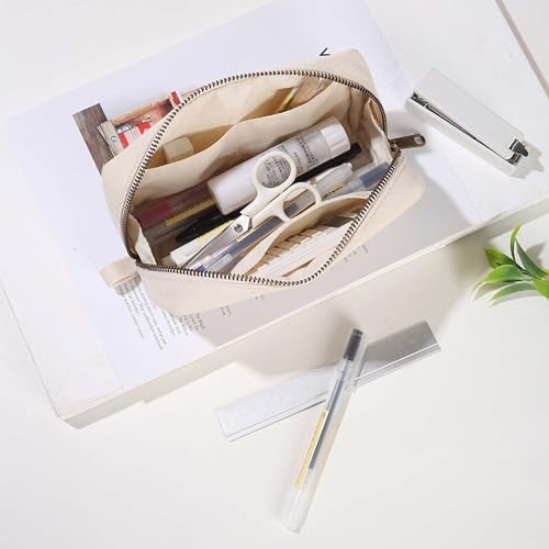 Image of Pencil Case Cotton Canvas Pen Pouch Bag, Lightweight and Stylish Ideal for Organizing Stationery (Beige)
