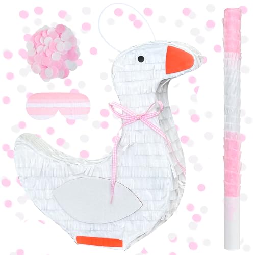One Silly Goose Pinata 13 inch for Birthday Party Bow Piñata with Stick, Blindfold, Confetti Party Piñata One Silly Goose 1st Birthday Decorations for Baby Shower Supplies (Pink)